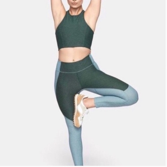 Outdoor Voices Two Tone 3/4 Hunter Green Slate Blue Warmup Leggings L - Picture 2 of 8